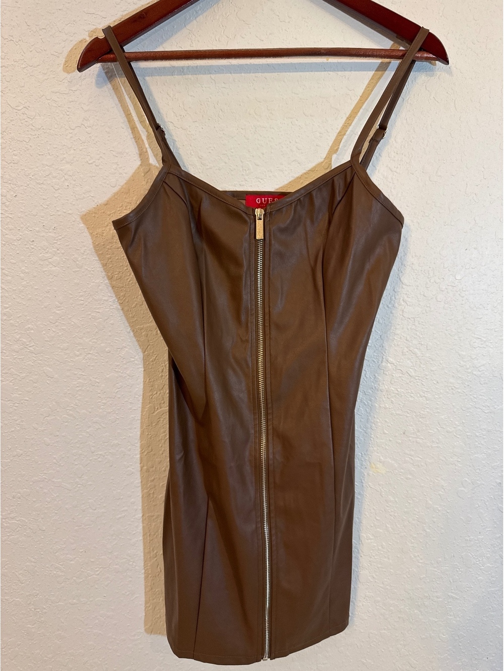 GUESS Janelle PU Faux Leather Dress Brown Weeping Pine Zip Front NWT - Picture 1 of 4